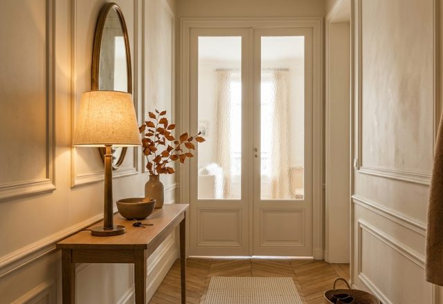 Narrow hallway styling with classic wall moulding, a slim wooden console, and a warm table lamp.