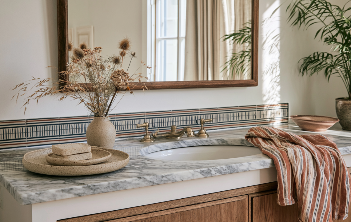 Natural bathroom vanity decor featuring marble countertops, brass faucets, striped towels, and dried botanicals.