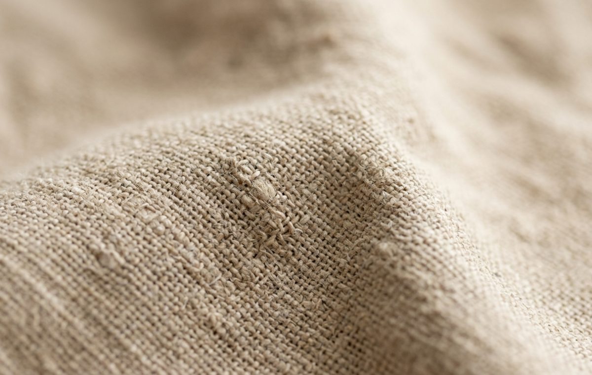 Close-up shot of natural linen fabric showing detailed weave texture and folds.