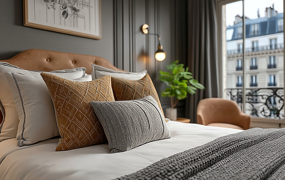 Stylish neutral bedroom color palette featuring textured pillows, leather headboard, and dark walls.