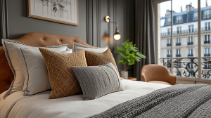 Stylish neutral bedroom color palette featuring textured pillows, leather headboard, and dark walls.