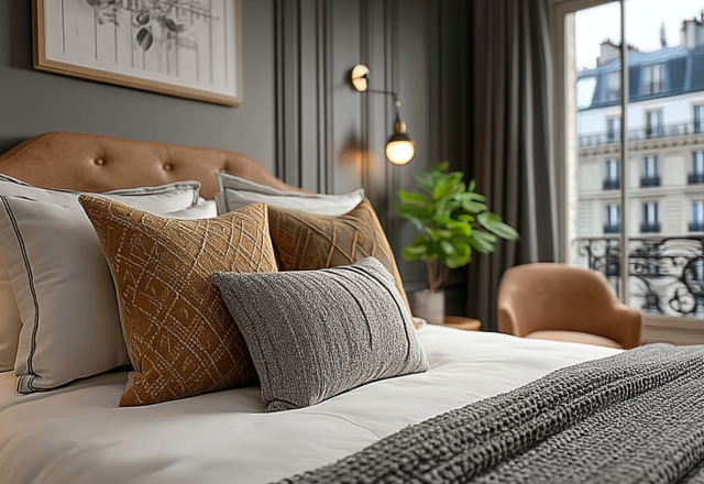 Stylish neutral bedroom color palette featuring textured pillows, leather headboard, and dark walls.