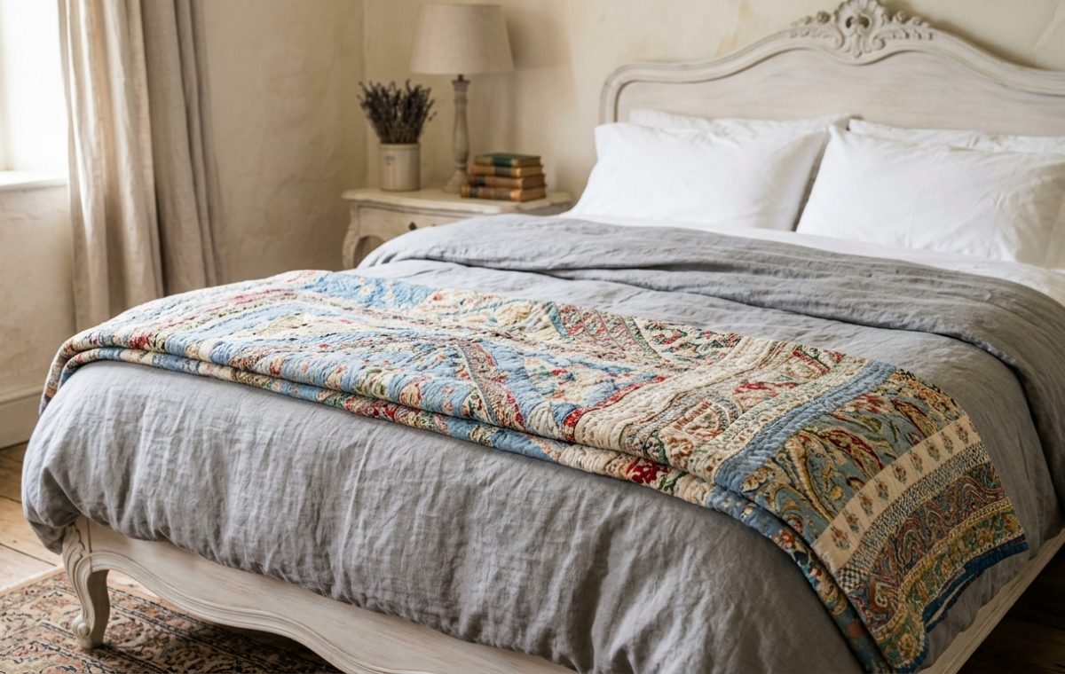 Neutral bedroom decor featuring a gray linen duvet and a patterned vintage quilt on a wooden bed.
