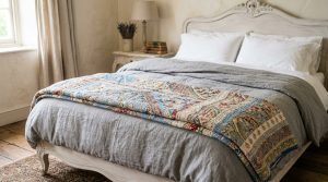 Neutral bedroom decor featuring a gray linen duvet and a patterned vintage quilt on a wooden bed.