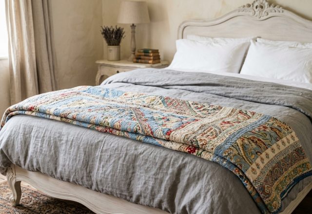 Neutral bedroom decor featuring a gray linen duvet and a patterned vintage quilt on a wooden bed.