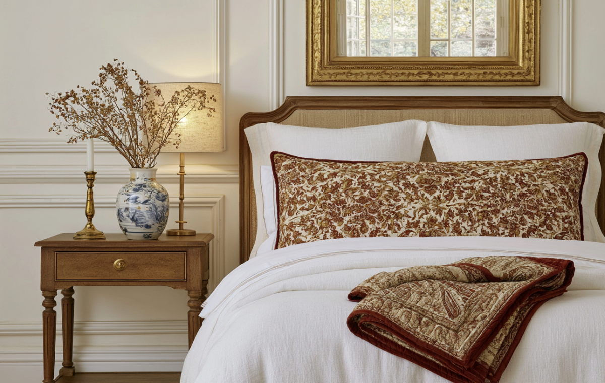 Neutral bedroom decor featuring white layered bedding, a wooden nightstand, and classic wall molding.