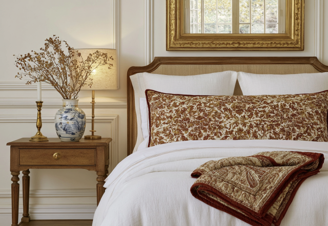 Neutral bedroom decor featuring white layered bedding, a wooden nightstand, and classic wall molding.