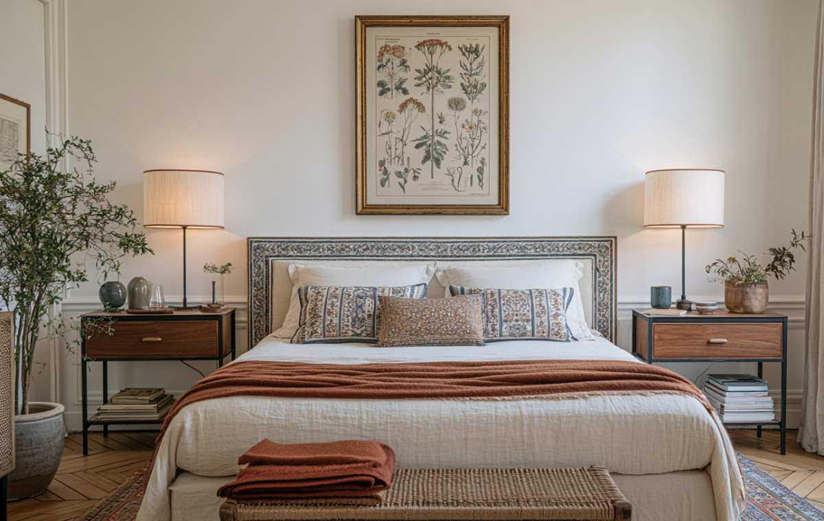 Neutral bedroom decor featuring a rust throw blanket, botanical wall art, and dark wood nightstands.