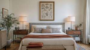Neutral bedroom decor featuring a rust throw blanket, botanical wall art, and dark wood nightstands.