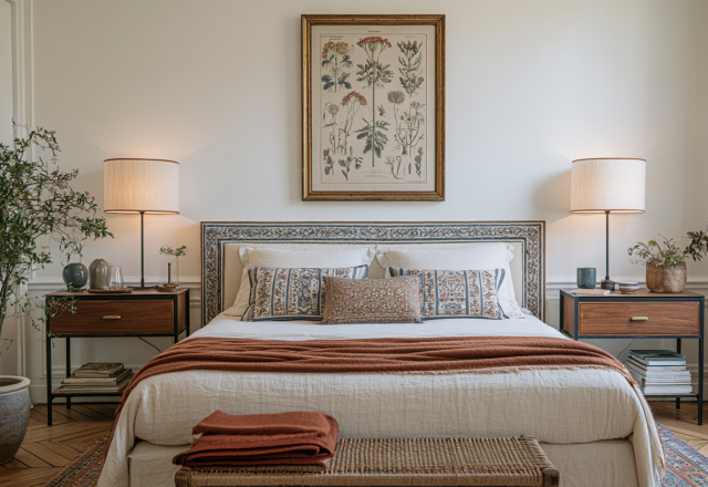 Cozy neutral bedroom featuring warm textures, symmetric wooden nightstands, and botanical wall art.