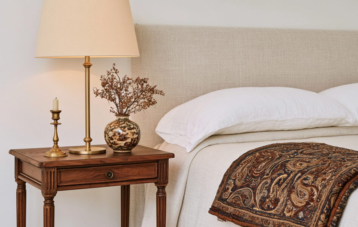 Neutral bedroom styling featuring a vintage wooden nightstand, brass lamp, and textured bedding.