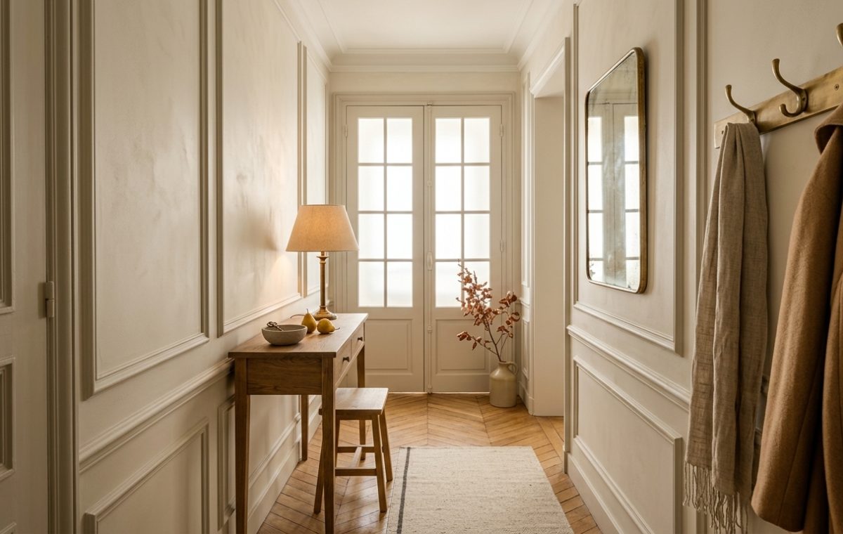 Elegant neutral entryway decor featuring wainscoting, a slim wood console table, and brass coat hooks in a narrow hallway.