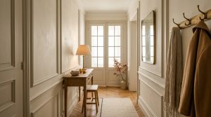 Elegant neutral entryway decor featuring wainscoting, a slim wood console table, and brass coat hooks in a narrow hallway.
