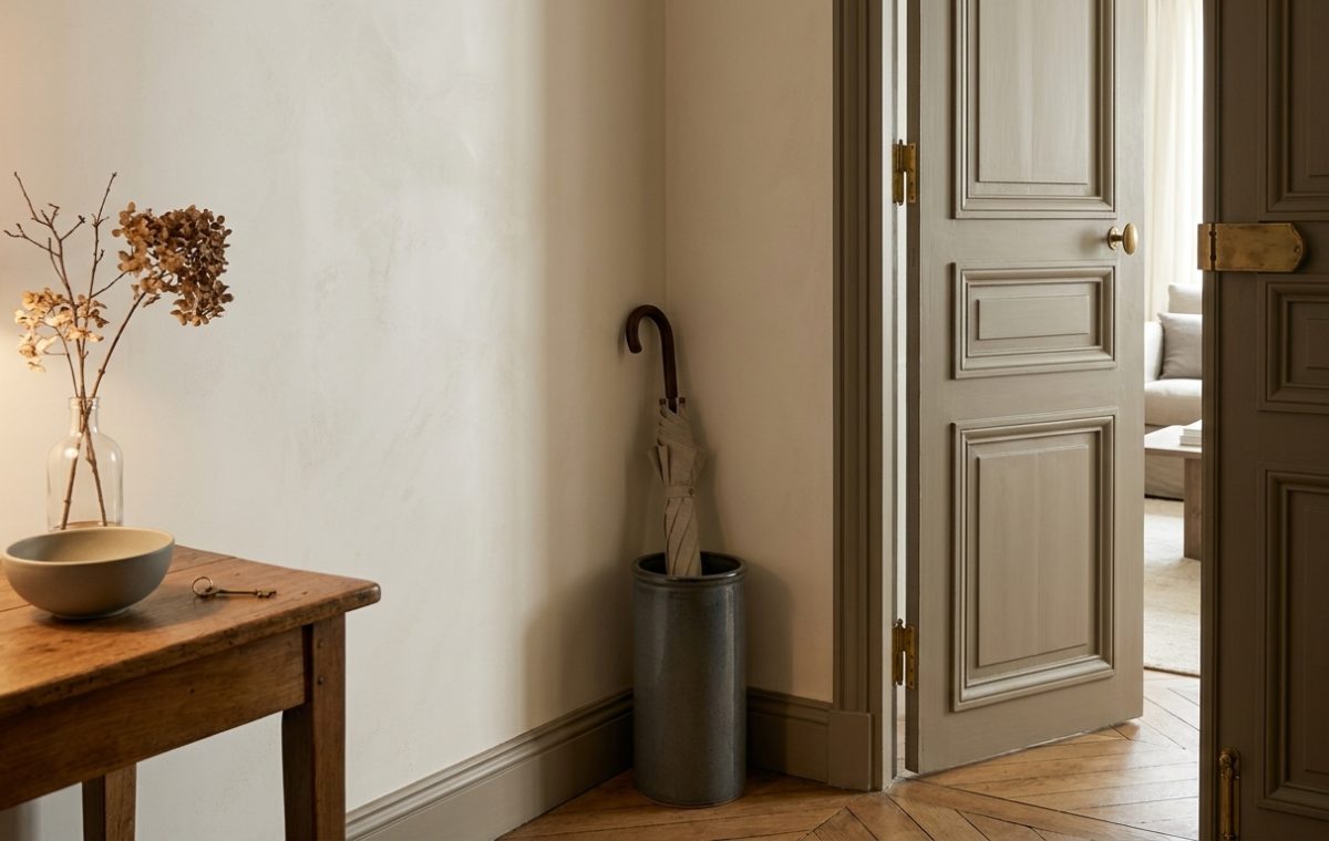 Neutral entryway decor featuring a wooden console table, beige walls, and a ceramic umbrella stand in a hallway.