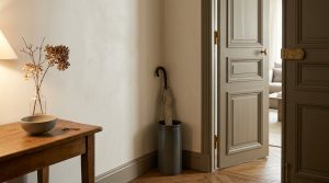 Neutral entryway decor featuring a wooden console table, beige walls, and a ceramic umbrella stand in a hallway.