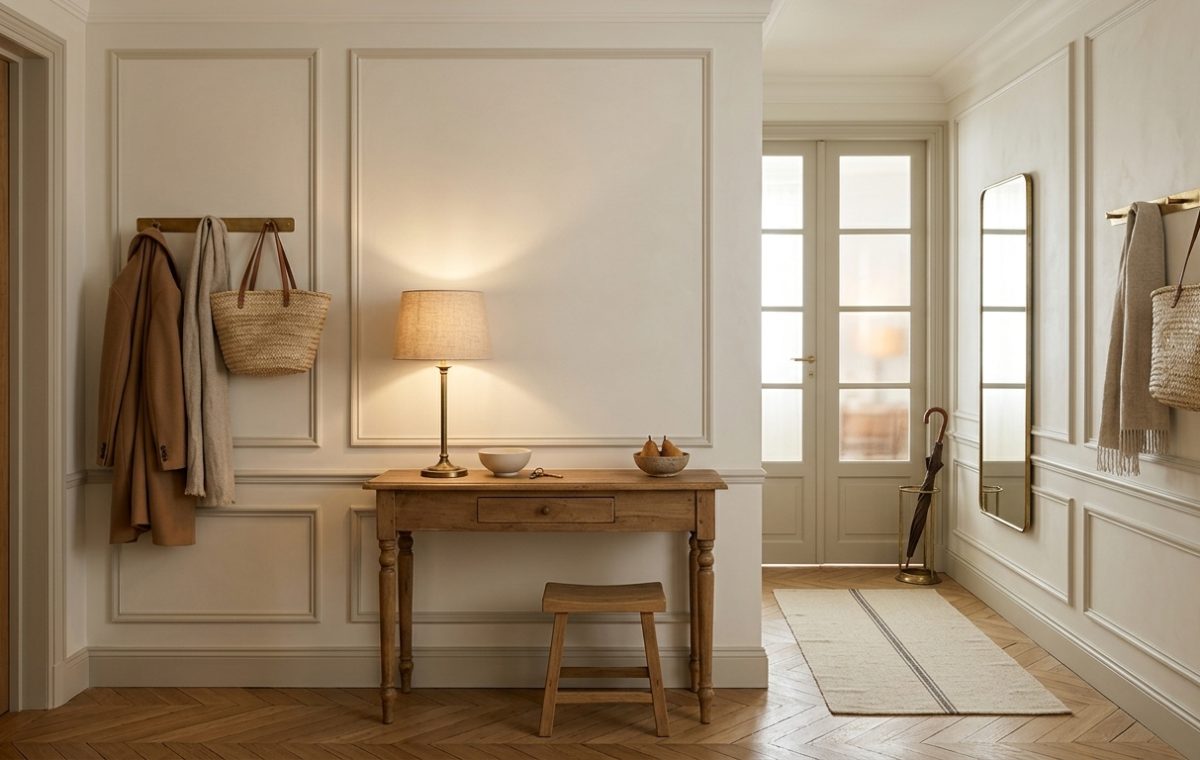 Warm neutral entryway design featuring wainscoting walls, wooden console table, and brass coat hooks.