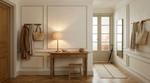 Warm neutral entryway design featuring wainscoting walls, wooden console table, and brass coat hooks.