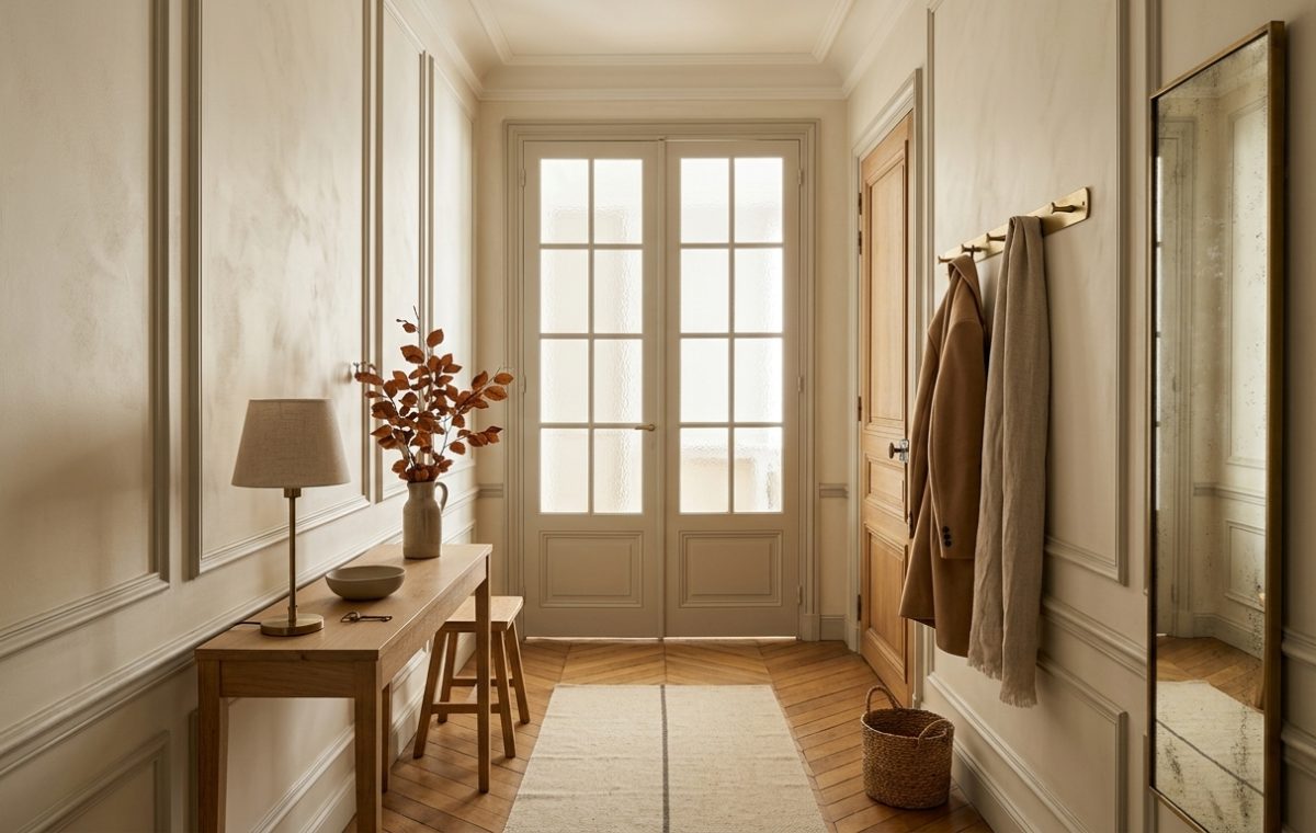 A chic neutral entryway design featuring a slim wooden console table, brass mirror, and warm beige walls with classic moldings.