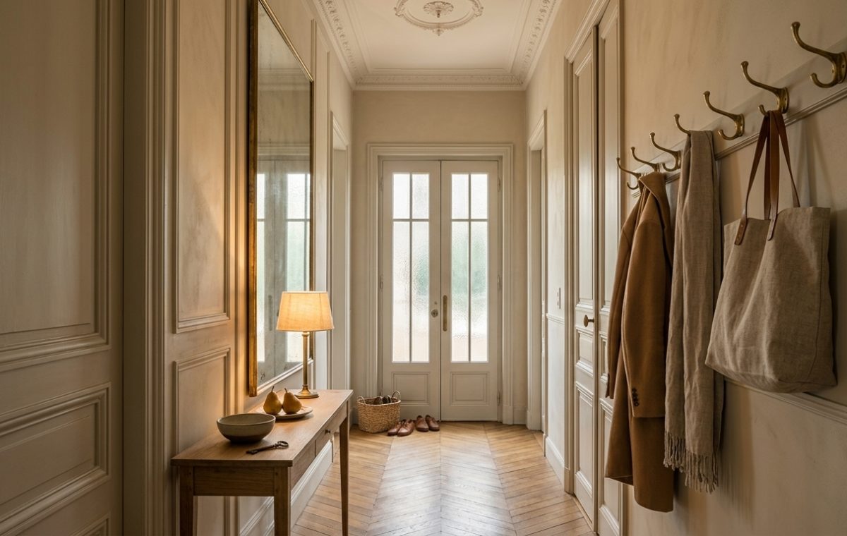 Neutral entryway design featuring a slim console table, warm beige walls, and brass coat hooks in a narrow hallway.