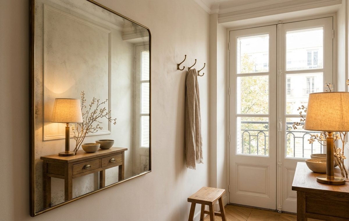 A bright neutral entryway design featuring a large wall mirror, wood console table, and warm lighting.
