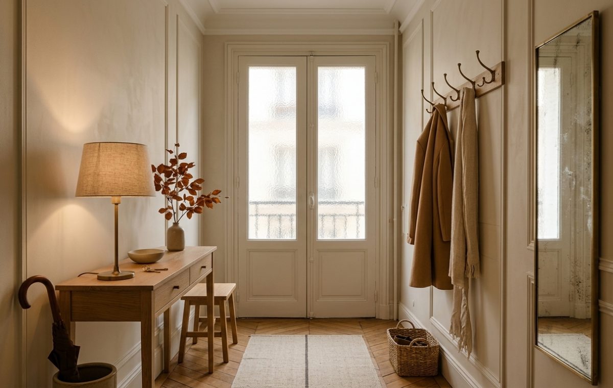 A bright neutral entryway design featuring a slim console table, tall mirror, and warm lighting in a minimalist hallway.