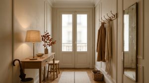 A bright neutral entryway design featuring a slim console table, tall mirror, and warm lighting in a minimalist hallway.