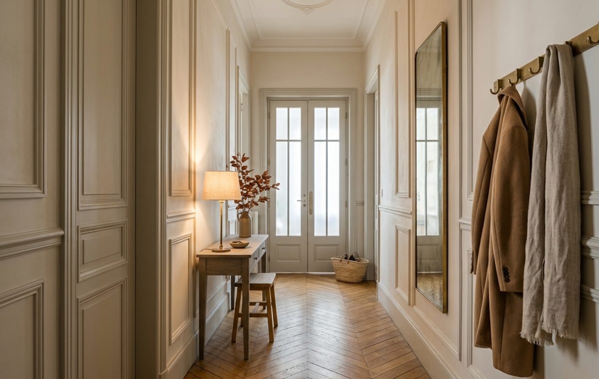 A chic neutral entryway design featuring wainscoting, herringbone wood floors, a slim console table, and brass coat hooks.