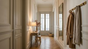 A chic neutral entryway design featuring wainscoting, herringbone wood floors, a slim console table, and brass coat hooks.