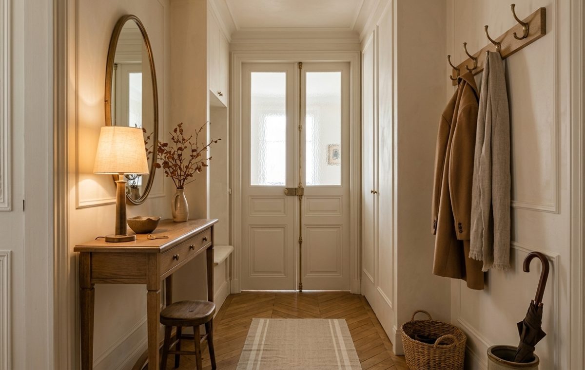 A minimalist neutral entryway design featuring a wooden console table and herringbone flooring.