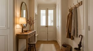 A minimalist neutral entryway design featuring a wooden console table and herringbone flooring.