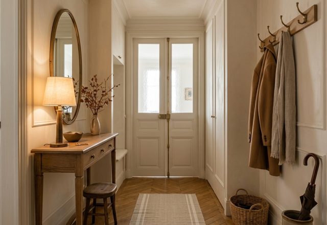 A minimalist neutral entryway design featuring a wooden console table and herringbone flooring.