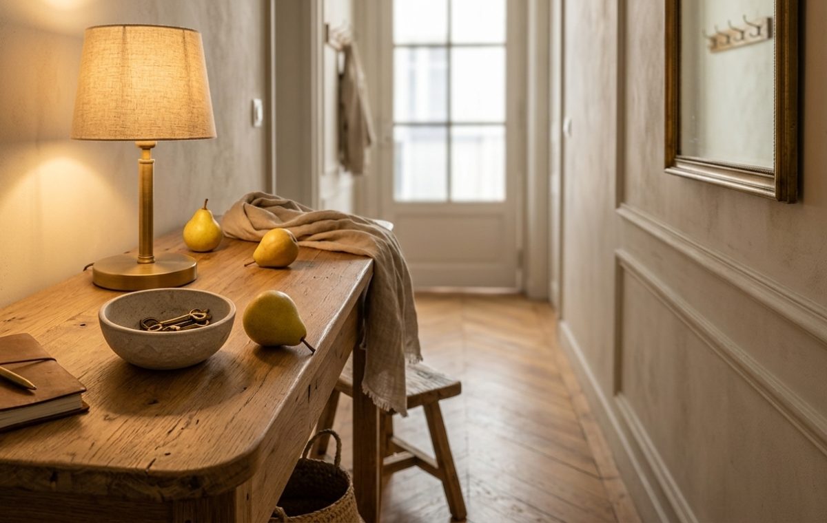 Warm neutral entryway styling featuring a wooden console table, brass lamp, and minimalist decor in a bright hallway.