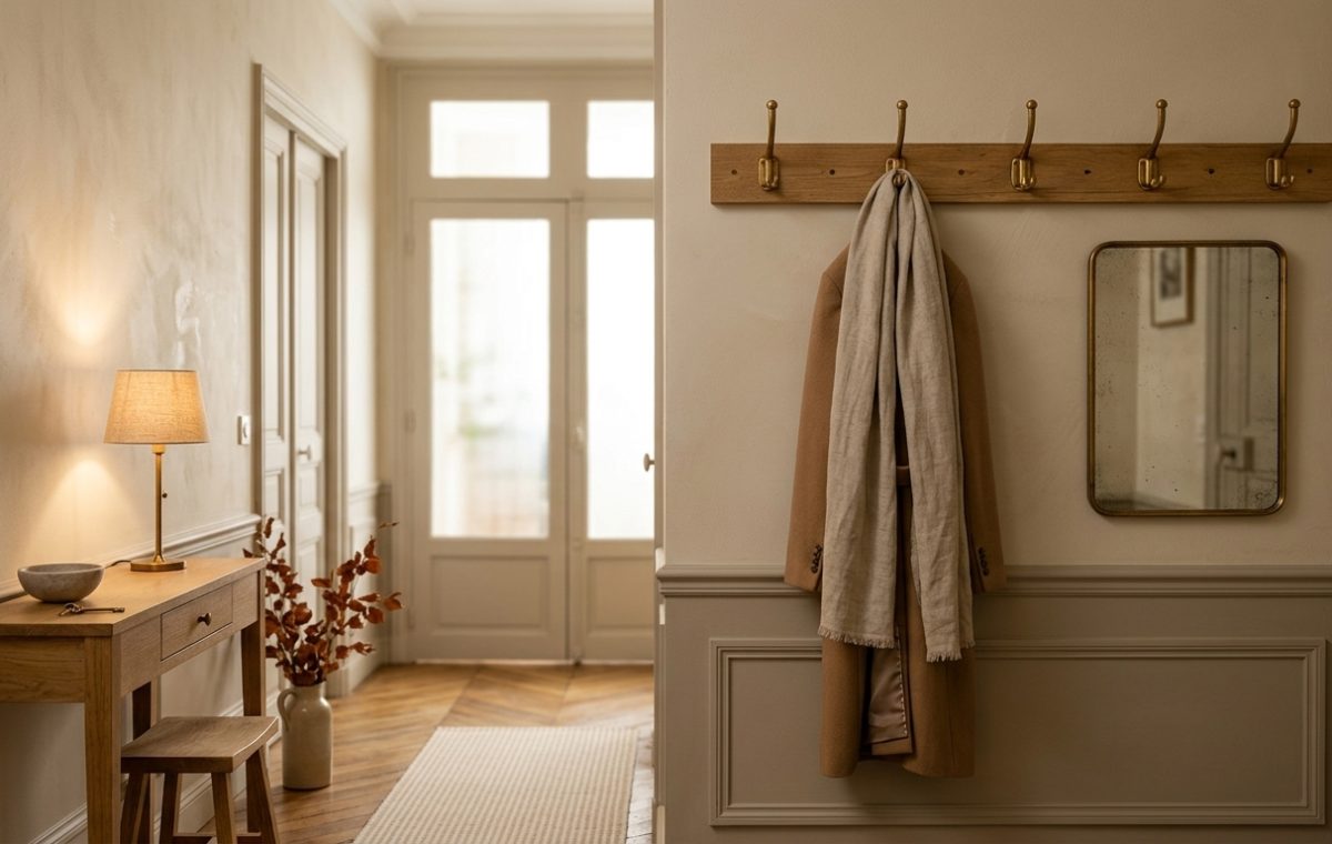 Neutral hallway decor featuring a wooden console table, brass coat hooks, and a rectangular mirror.