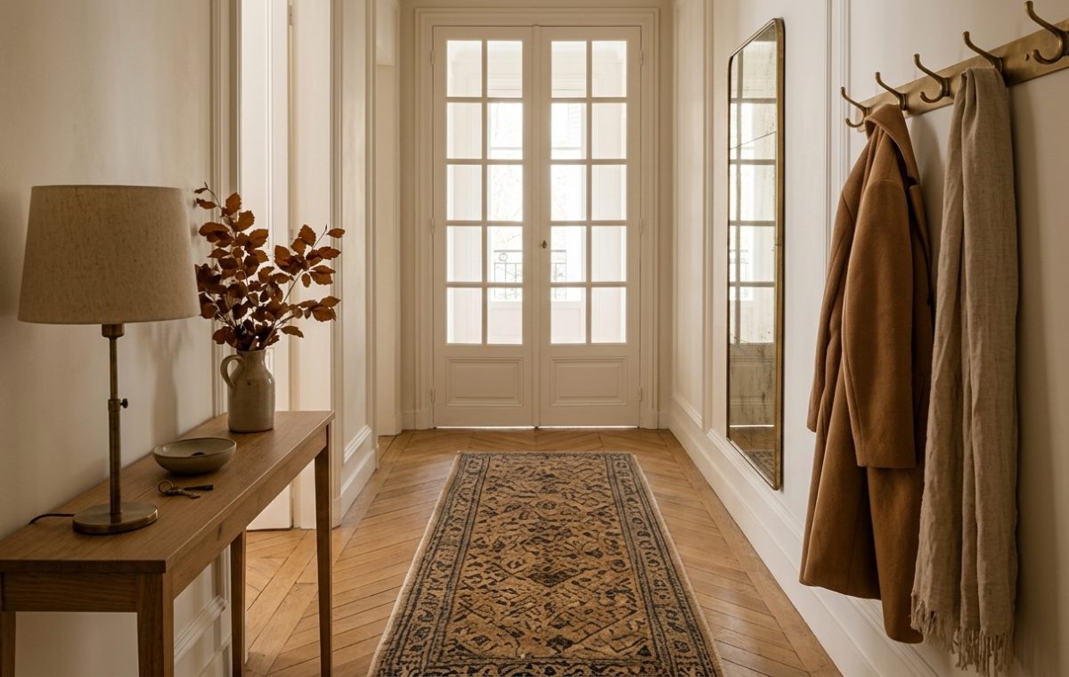 Neutral hallway decor featuring a slim console table, brass coat hooks, and parquet flooring.