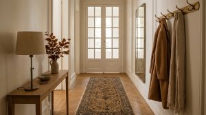 Neutral hallway decor featuring a slim console table, brass coat hooks, and parquet flooring.