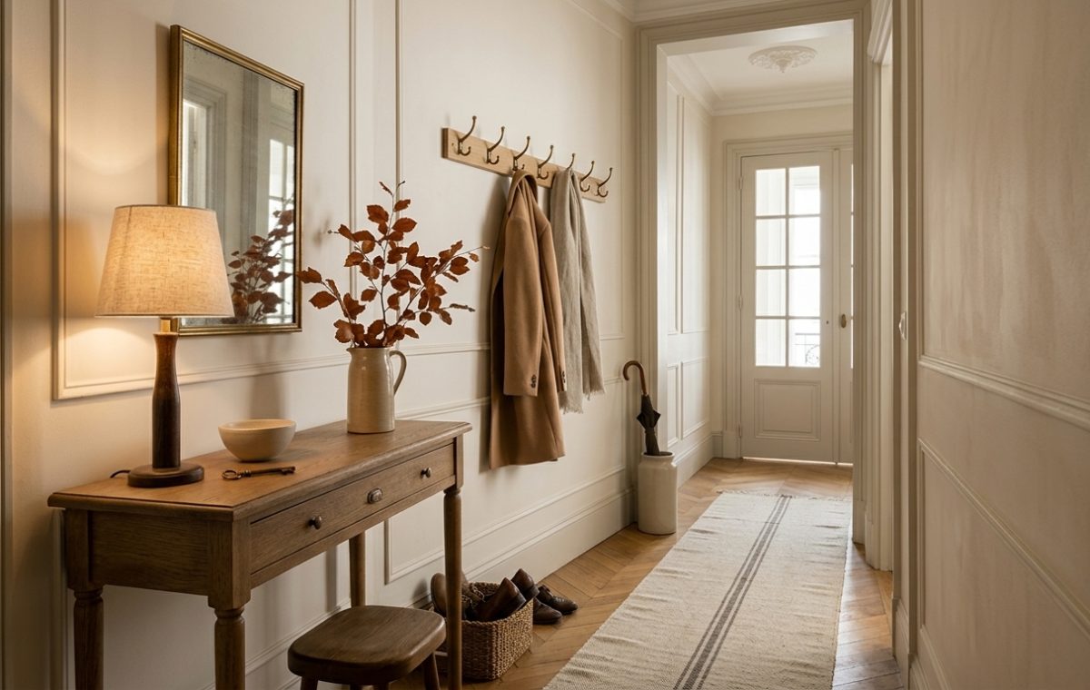 Neutral hallway decor featuring a wooden console table, mirror, and coat hooks in a warm entryway.
