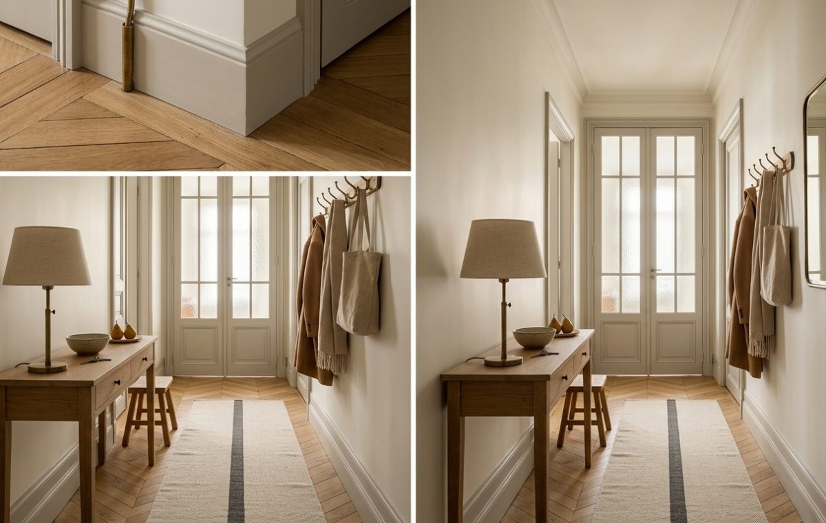 Neutral hallway decor featuring a wooden console table, herringbone floors, and soft beige walls.
