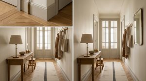 Neutral hallway decor featuring a wooden console table, herringbone floors, and soft beige walls.