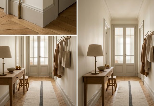 Neutral hallway decor featuring a wooden console table, herringbone floors, and soft beige walls.