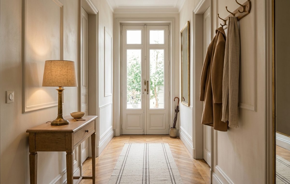 Bright neutral hallway decor featuring classic wall paneling, a wooden console table, and a striped runner rug.