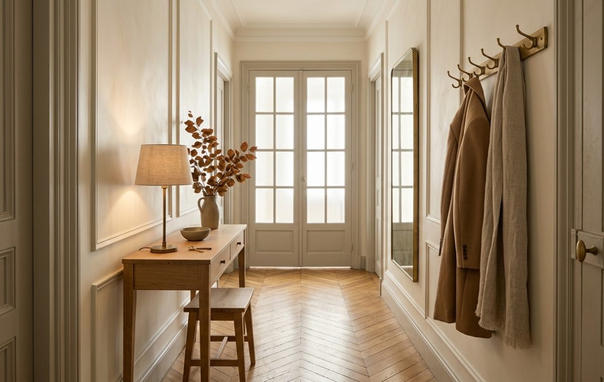 Warm neutral hallway decor featuring a slim console table, brass coat hooks, and a herringbone wood floor.