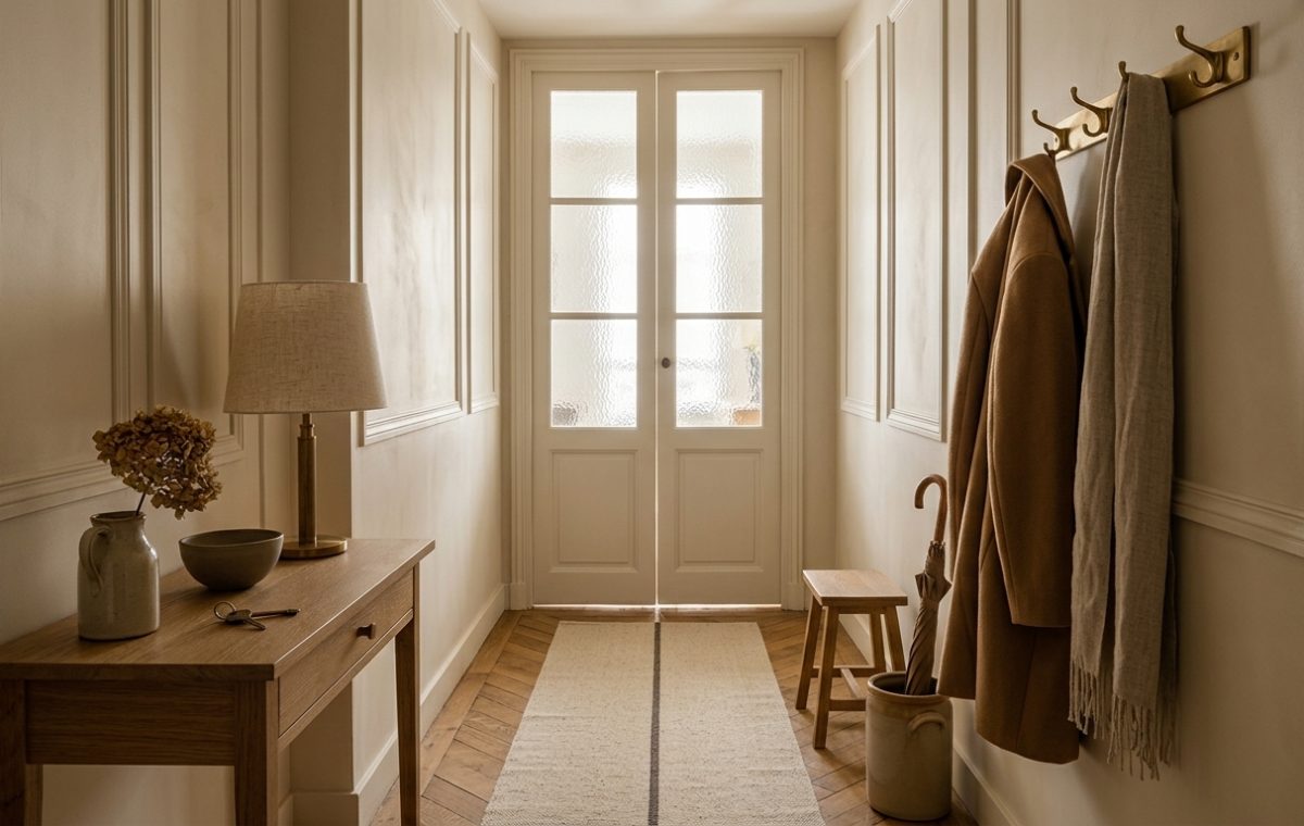 Neutral hallway decor featuring an oak console table, table lamp, wall mirror, and coat hooks in a warm minimalist apartment foyer.