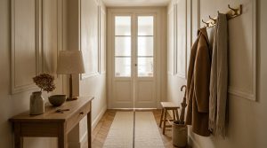 Neutral hallway decor featuring an oak console table, table lamp, wall mirror, and coat hooks in a warm minimalist apartment foyer.