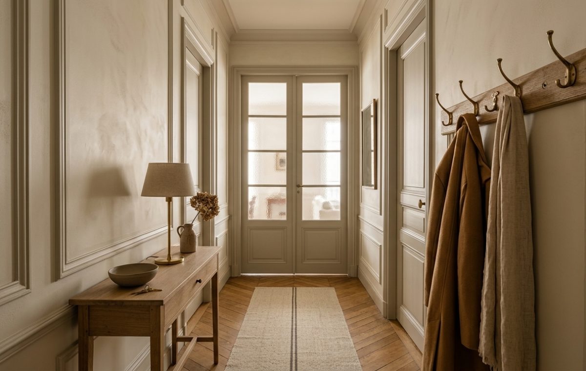 Neutral hallway decor featuring an oak console table, ceramic vase with branches, and table lamp against paneled walls.
