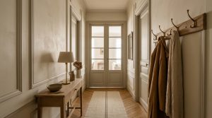 Elegant neutral hallway decor featuring wainscoting, wooden console table, coat hooks, and glass double doors.