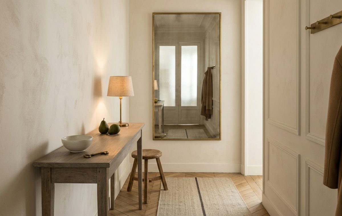 neutral hallway design featuring a tall brass mirror, slim wooden console table, and textured plaster walls