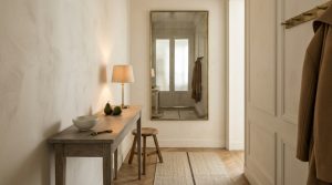 neutral hallway design featuring a tall brass mirror, slim wooden console table, and textured plaster walls