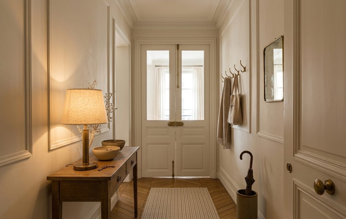 Warm neutral hallway design featuring a console table, brass lamp, wainscoting, and classic French double doors.