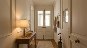 Warm neutral hallway design featuring a console table, brass lamp, wainscoting, and classic French double doors.