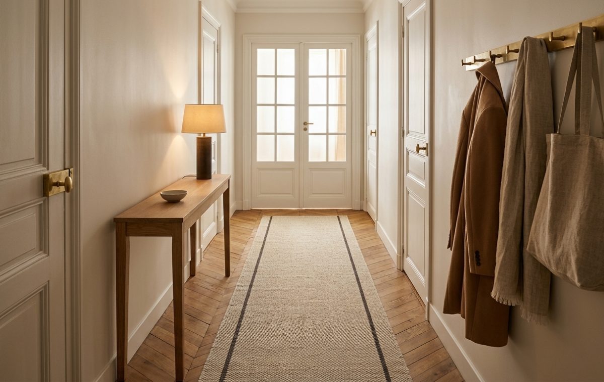 Neutral hallway design featuring a wooden console table, brass coat rack, and a long runner rug on hardwood floors.